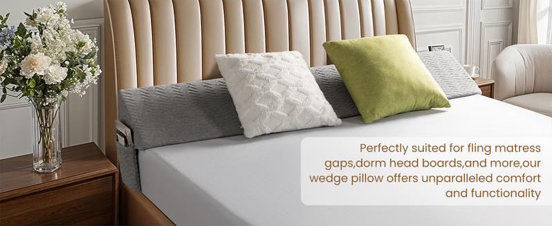 Shilucheng Wedge Triangle Pillow for Bed Gap Filler Triangular Foam Support Cushion for Headboard Multifunctional Backrest for Reading Sleeping with Side Pocket
