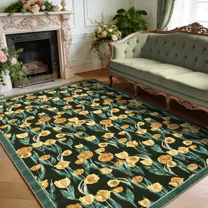 Tulip Print Rug Washable Soft Large Size Indoor Printed Rug Foldable Decorative Stain-Resistant Non-Slip Low-Pile Non-Shedding, for Bedrooms, Living Rooms, Dining Rooms, Laundry Rooms, Playrooms, Offices, and Children's Rooms spring home decor