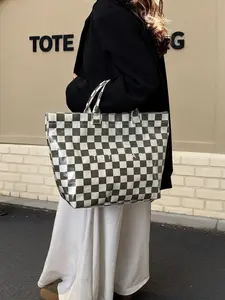 2026 New PVC Plaid Tote Bag, Large Capacity Shopping Bag, Simple Letter Print Multicolor Handbag, Student School Commute Versatile Backpack