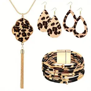 6 Pieces Leopard Earrings Bracelets Women Jewelry Bohemia Earrings Necklace Cheetah Set Multilayer Leather Cuff Boho for Large Wrists Cosplay Party Costume Accessories Horseshoe Buckle Love lucky flower design budget  jewelry  win