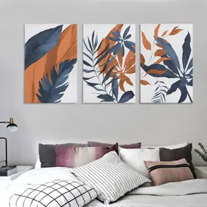 3pcs Navy Blue & Burning Orange Plant Canvas Art Modern Simple Waterproof Wall Decoration for Living Room Bedroom Bathroom Kitchen Gift Hanging Print Ornaments - Artistic