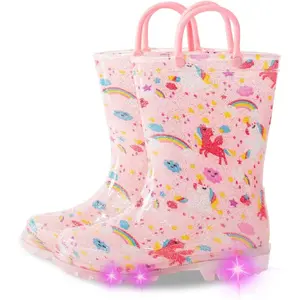 P-SOK029   Kids Toddler Rain Boots for Girls Boys Light Up Waterproof Rain Shoes Patterns and Glitter Boot with Easy On Handles