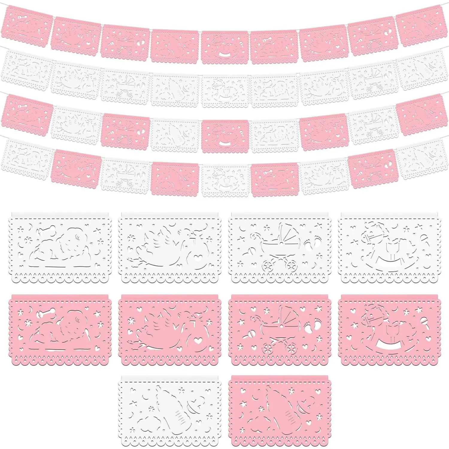 5 Pack 60 Feet Papel Picado Baby Shower Banners Cielito Lindo Baby Shower Decorations Papel Picado Paper with Rocking Horse Babies Bottle Heart (Pink/White)