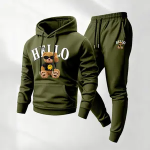 Men's 2-Piece Hello Bear Print Hoodie Tracksuit, Drawstring Sweatpants & Long-Sleeve Hooded Jacket, Fall-Winter Casual Athletic Sportswear for Daily Wear, Gym Streetwear Athleisure Clothing