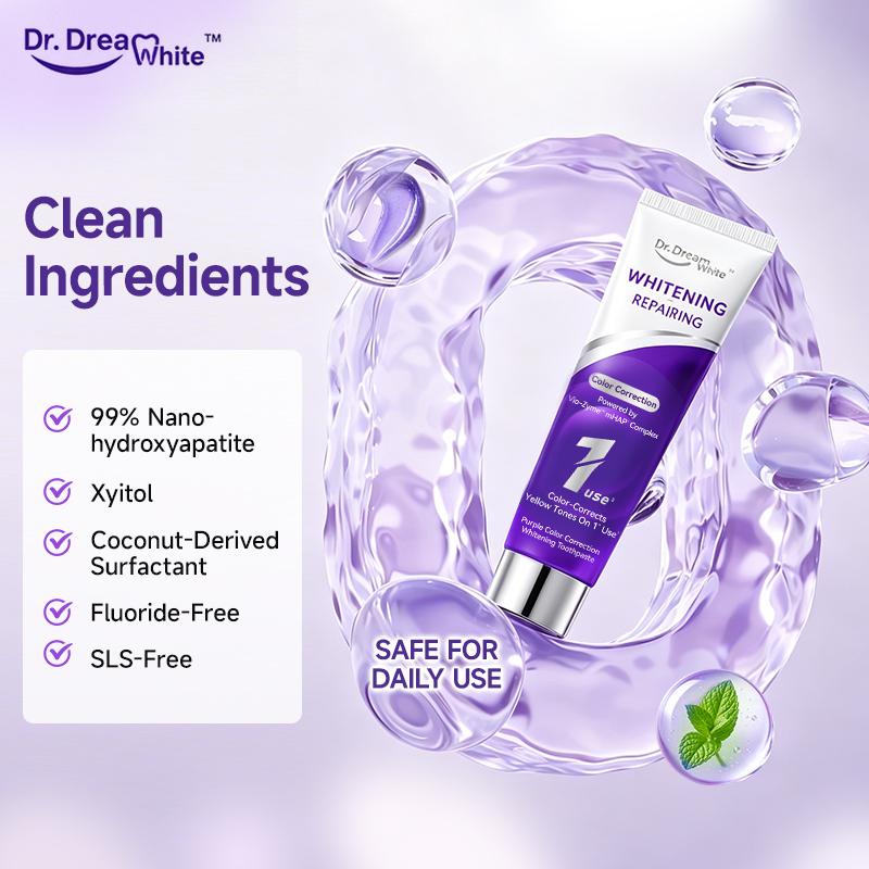 Dr.DreamWhite Purple Color Correction Whitening Toothpaste | Upgraded Vio-Zyme Formula with Xylitol & Nano-hydroxyapatite | Long-Lasting Freshness | Peroxide-Free | SLS-free | Anti-Stain