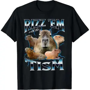 [Cotton graphic tees]men gifts Casual shortsleeve tops  Rizz Em With The Tism Capybara Funny Oddly Dank Meme T-Shirt