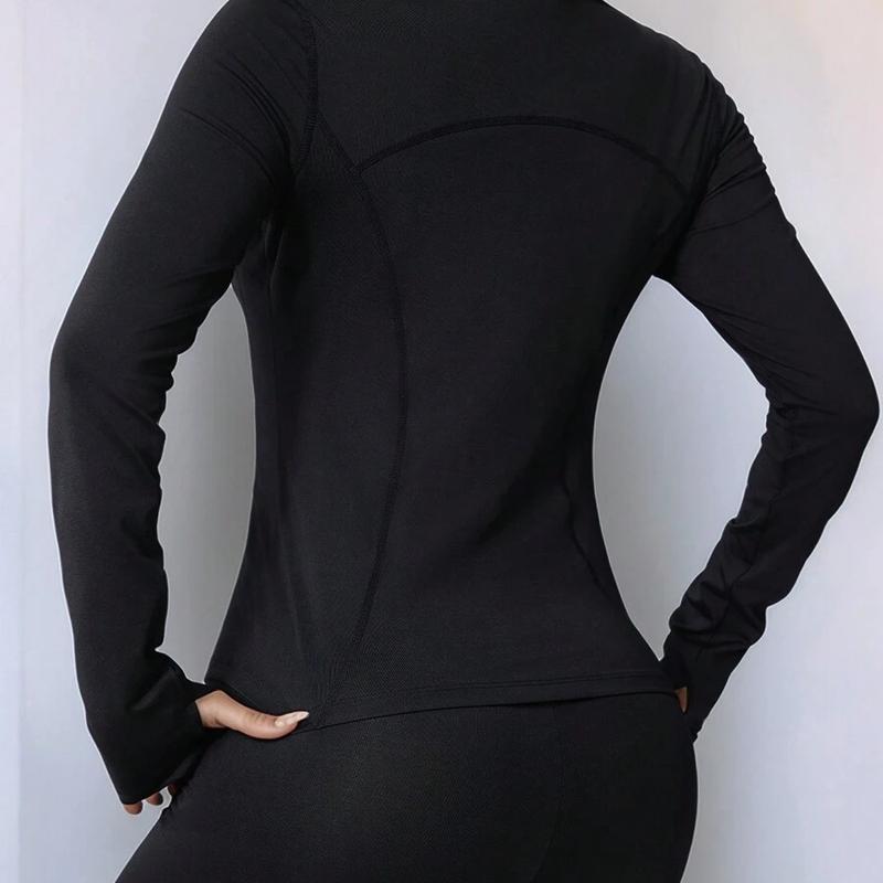 Zipper Long Sleeve Sports Jacket for Plus Size Women, Slim Fit, Thumb Hole Cuffs, Gym Yoga Running Outerwear season lady