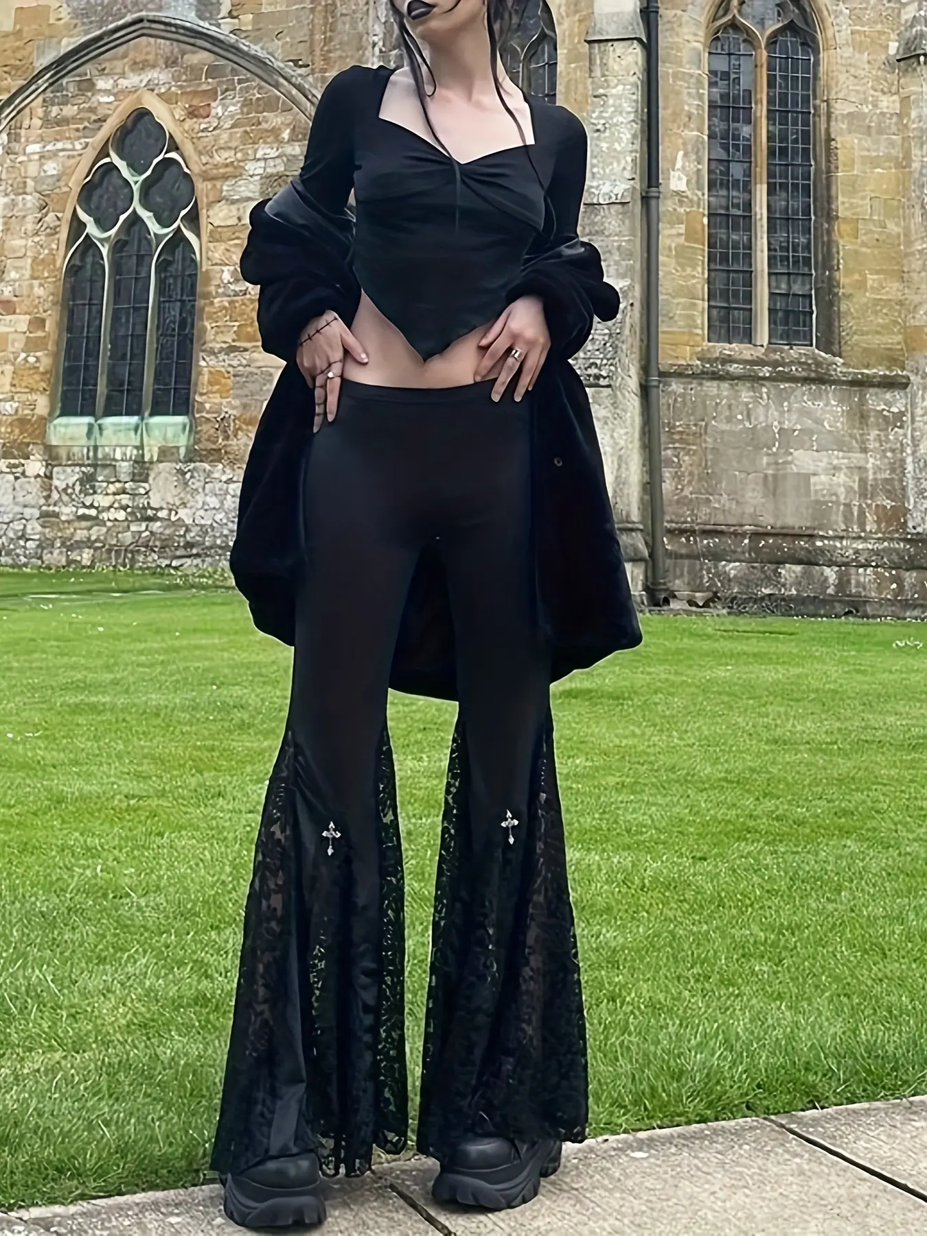 Women's Gothic Vintage High-Waist Lace Flare Pants - Wide-Leg Bottoms with Patchwork Detail for Alternative Style Parties, High Rise Flare Pants, Gothic Pants