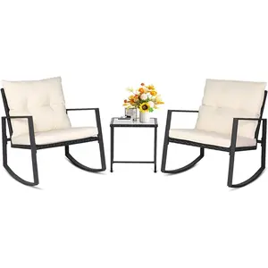 INTERGREAT 3 Piece Outdoor Rocking Bistro Set Black Wicker Furniture Porch Chairs Conversation Sets with Glass Coffee Table, Beige