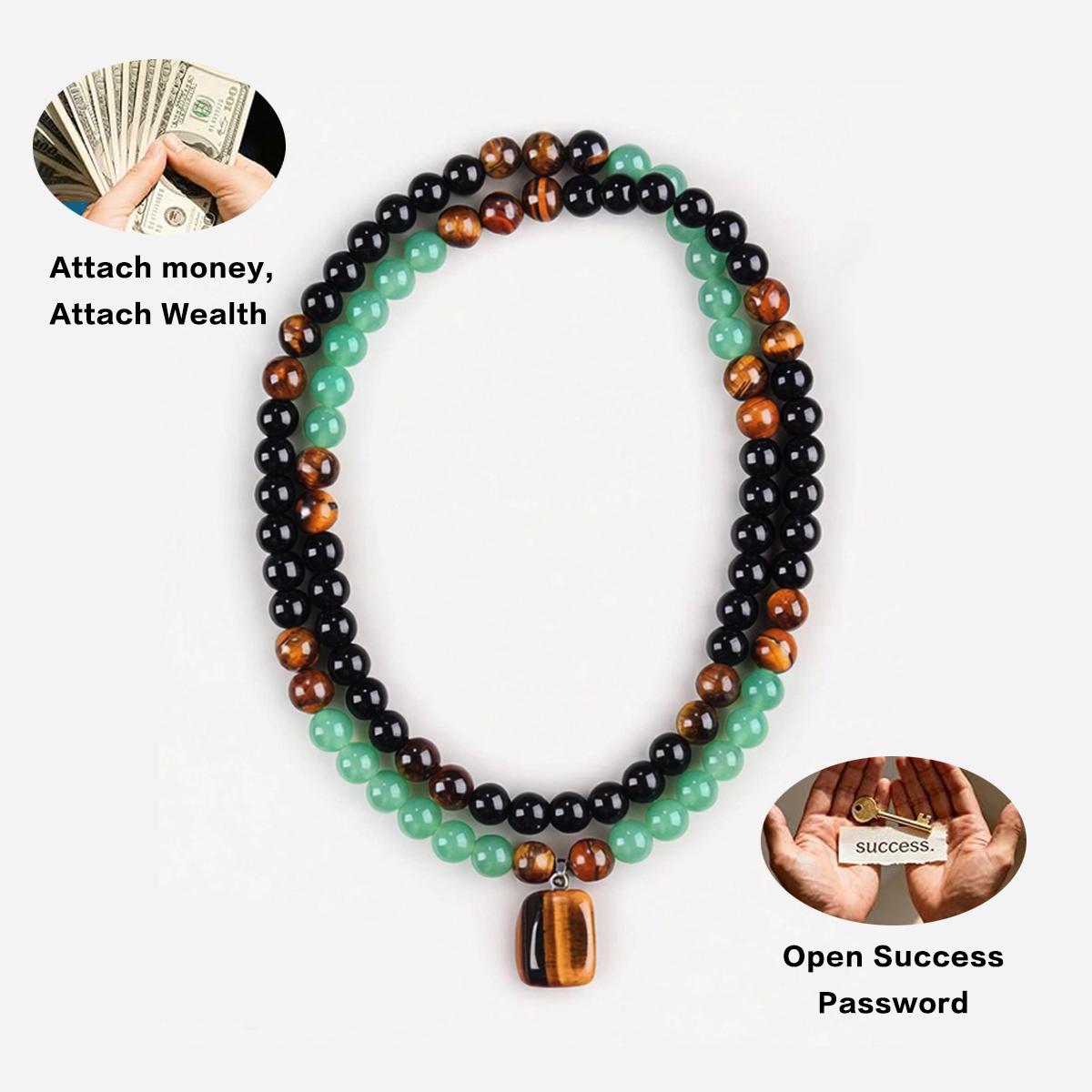 Money Attraction Necklace Set with Green Aventurine & Tiger Eye Pendant Healing Crystal Stone ,Matching Bracelet Wealth Abundance Crystal Jewelry Gift for Men Women