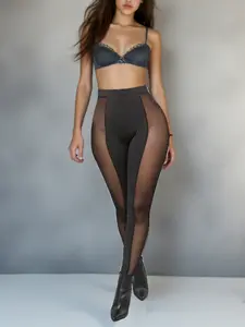 Women's Fashion Sexy Mesh Patchwork Hollow Out Sports Shaping Leggings, Skinny Yoga Bottoms, Stretchy High Waist Slim Fit Workout Pants, Casual Gym Wear for Women