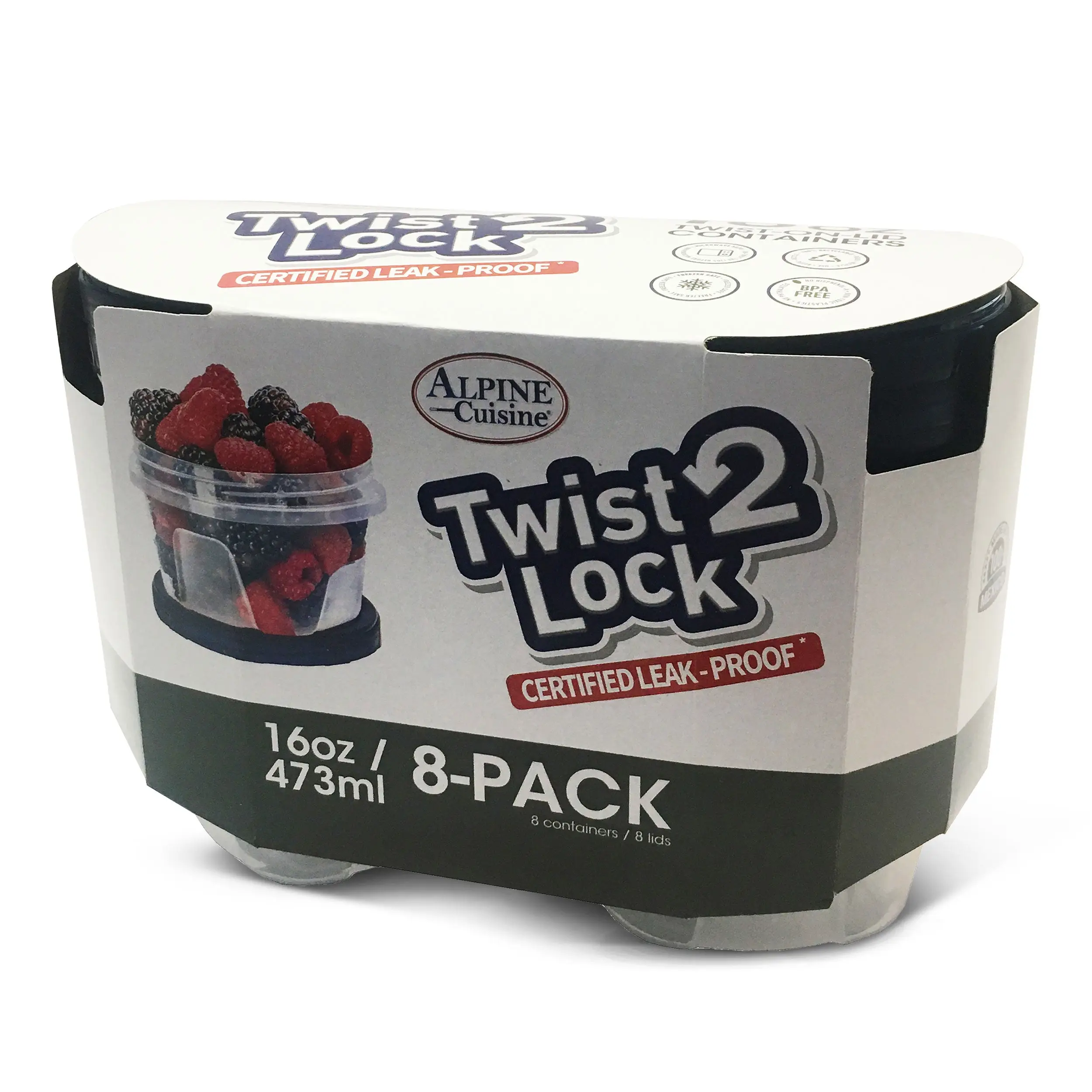 Alpine Cuisine Twist 2 Lock Food Storage Containers with 8 Lids & 6 Bodies 16-Pack 16oz (973ml) | A Versatile & Convenient Kitchen Organization Solution | Food Storage Containers - Dishwasher Safe