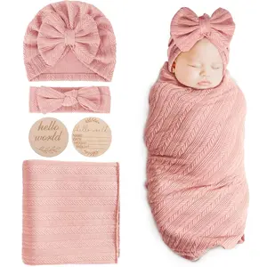 Newborn Baby Swaddle Blanket 4 Piece Set with Matching Hat Bow Headband and Card for New Moms Girls Unisex Infant Receiving Blankets Soft Cotton Swaddle Wrap for 0-3 Months Registry Essentials