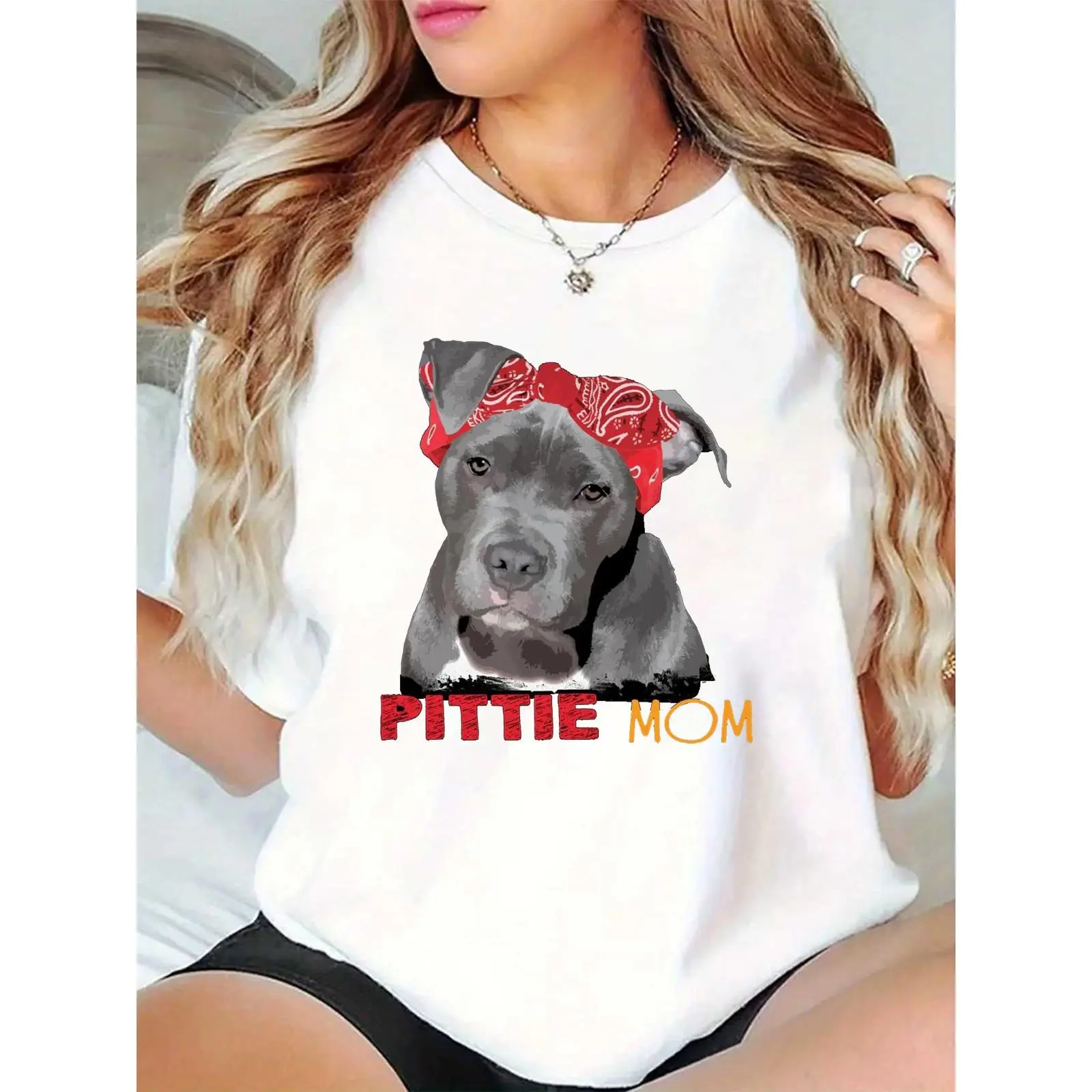 Women's White Pittie Mom T-Shirt – Cute Pit Bull in Red Bandana, Casual Dog Lover Top for Pet Moms, Daily/Outdoor Wear
