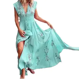 Women's Teacher Purple Dress Embroidered Floral Deep V Neck Maxi Smocked Waist Slit Boho for Beach Vacation Casual Summer Daily Outfits Ruched Bodycon basque waist dress Retro Sweet Denim Slimming Halter Bandage Flowy party periwinkle spaghetti strap