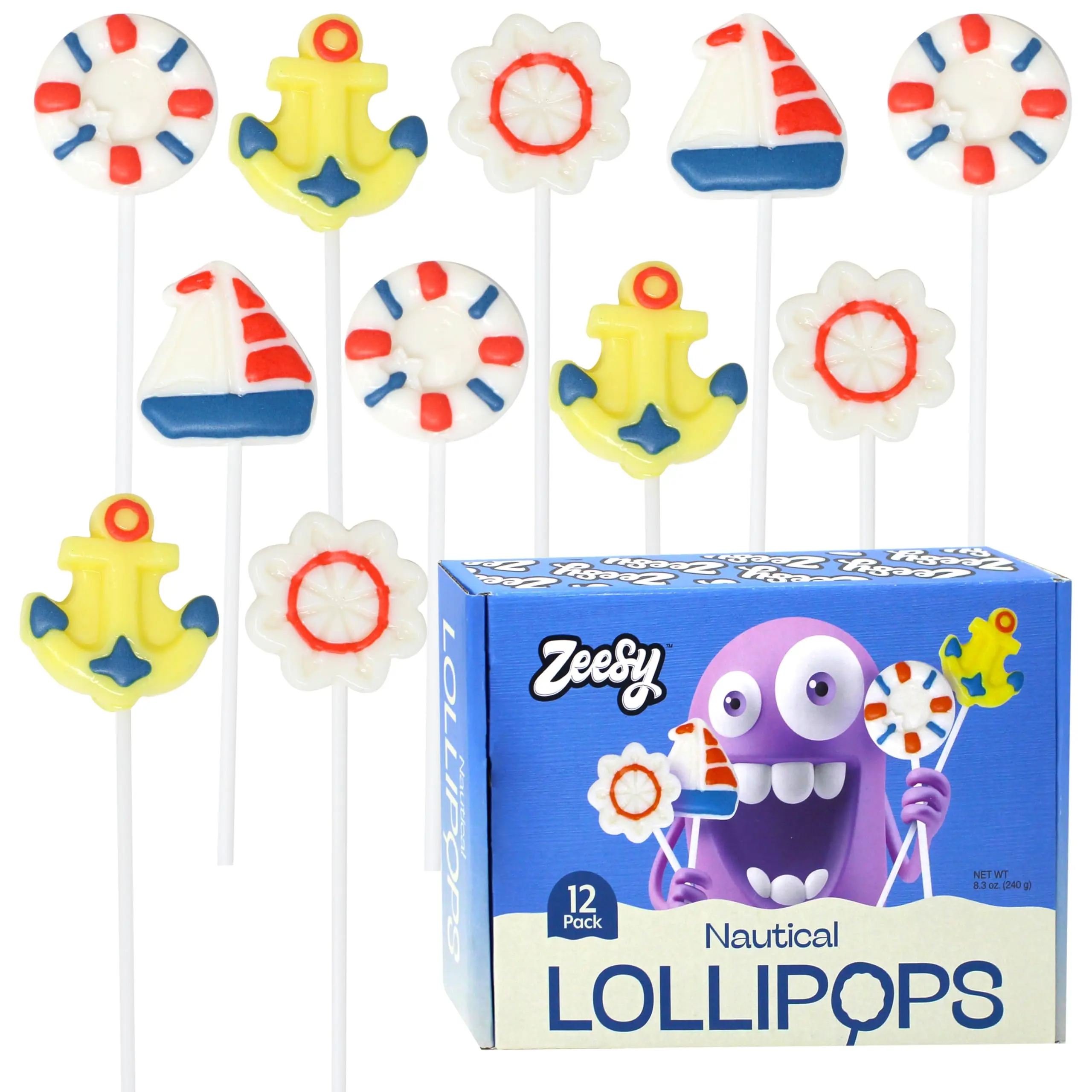 Zeesy Nautical Lollipops - 12 Pack Individually Wrapped Candy Suckers for Party Favors, Baby Shower, Cruise & Anchor Themed Birthday