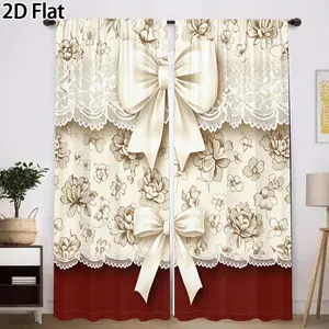 2D Flat 2Pcs Floral Lace Bow Curtains, Creamy White & Maroon Elegant Window Drapes for Living Room Bedroom Kitchen, Home Decor Theme Translucent tube bag design Home Decoration Curtain