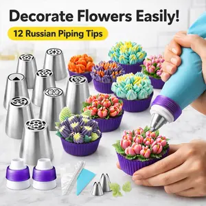 27Pcs Russian Piping Tips Set, Cake Decorating Supplies Kit with 12 Russian Nozzles & 2 Leaf Tips & Pastry Bag, DIY Baking Tools for Cupcakes Cookies Birthday Party, Beginner Friendly Gift for Women Mom