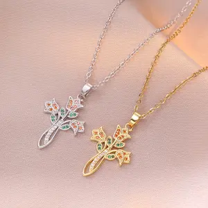 2PCS Flower Cross Necklaces, Female Colorful Zircon Flower Cross Necklace Trendy Pendant Chiker Woman Fashion Accessory