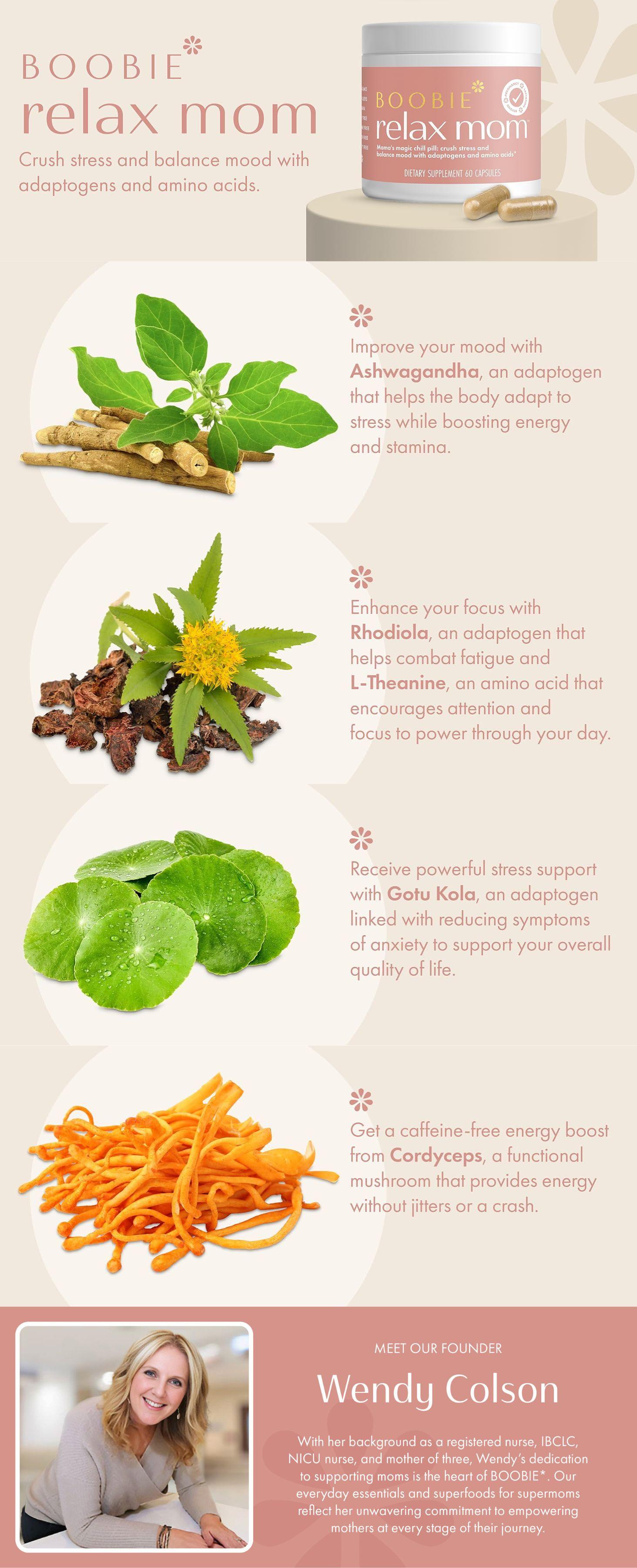 Boobie Relax Mom, Postpartum Stress Support Supplement | Breastfeeding Friendly Approved | Postnatal Mood and Energy Support for Women with Ashwagandha & L-Theanine, 60 Capsules