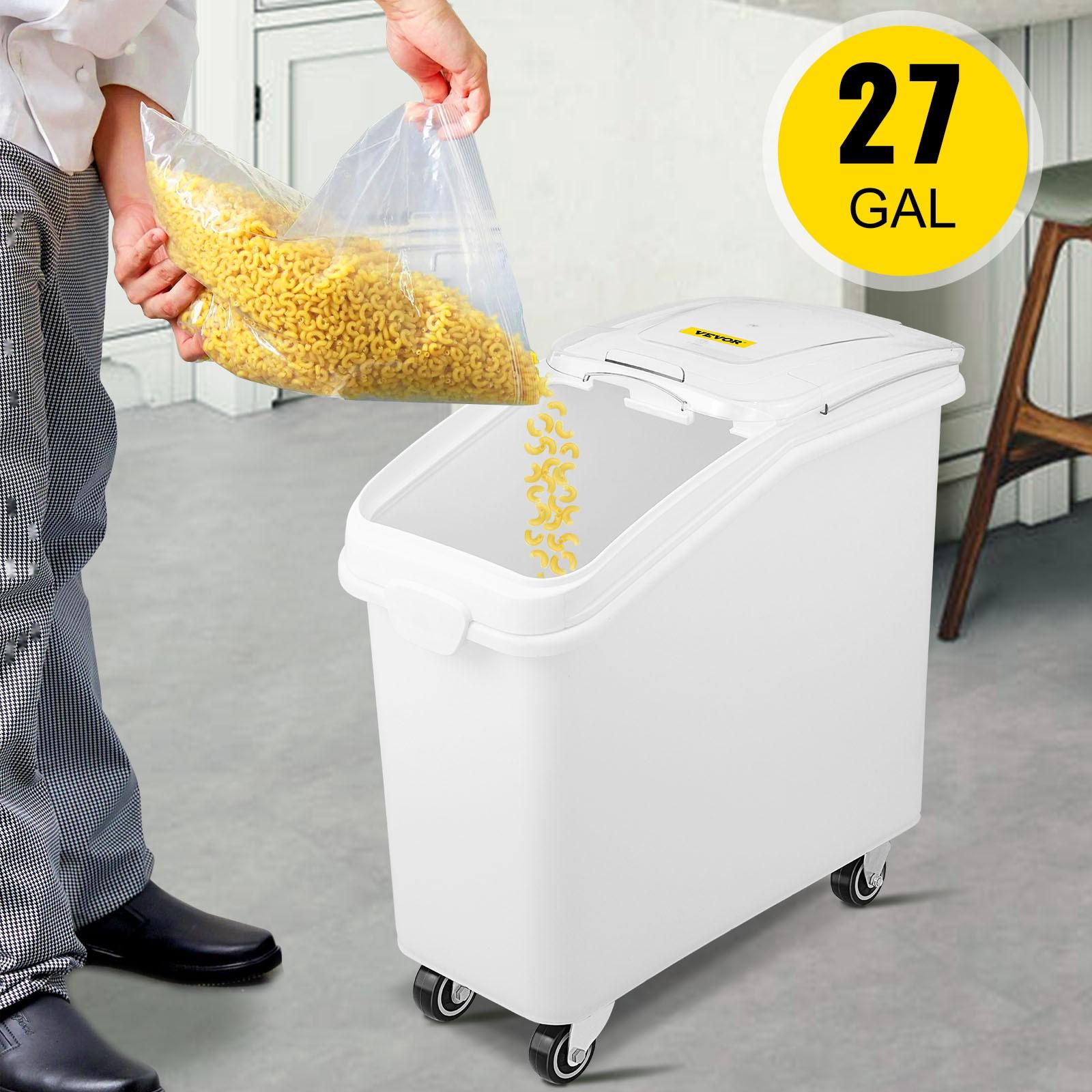 27 Gallon Ingredient Storage Bin with Scoop, Sliding Lid, and 500 Cup Capacity, Commercial Grade Food Container for Bulk Ingredients, Kitchen Organization, White, Food Safe, Easy to Clean, Stackable Design
