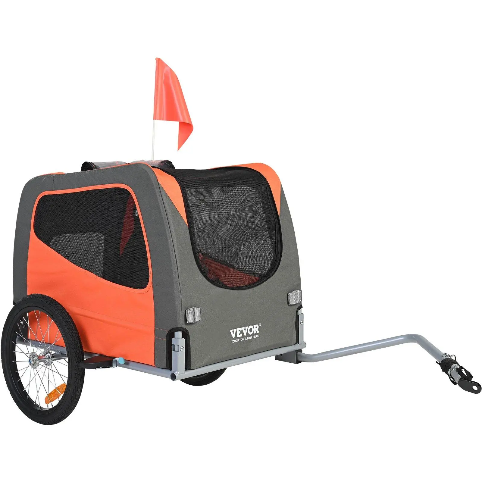 VEVOR Foldable Metal Dog Bike Trailer for Bike Rides - 66 lbs Capacity Steel Frame, Quick-Release Wheels, Universal Bicycle Coupler, Zipper-Closed Waterproof Fabric Body, 22-28 in Fit, Reflectors, Flag, Transparent Front Door, Easy Out, Orange/Gray, Fits