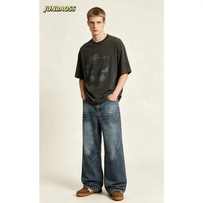 JUNBAOSS Herren Baggy Hip Hop Jeans Y2K Casual Vintage Weite Bein Skater Denim Hosen Loose Fit Lange Unterteile 2000er Straßenmode Männliche Unreguläre Nähte Skateboard Steampunk Baggy Jeans Einfache Hosen