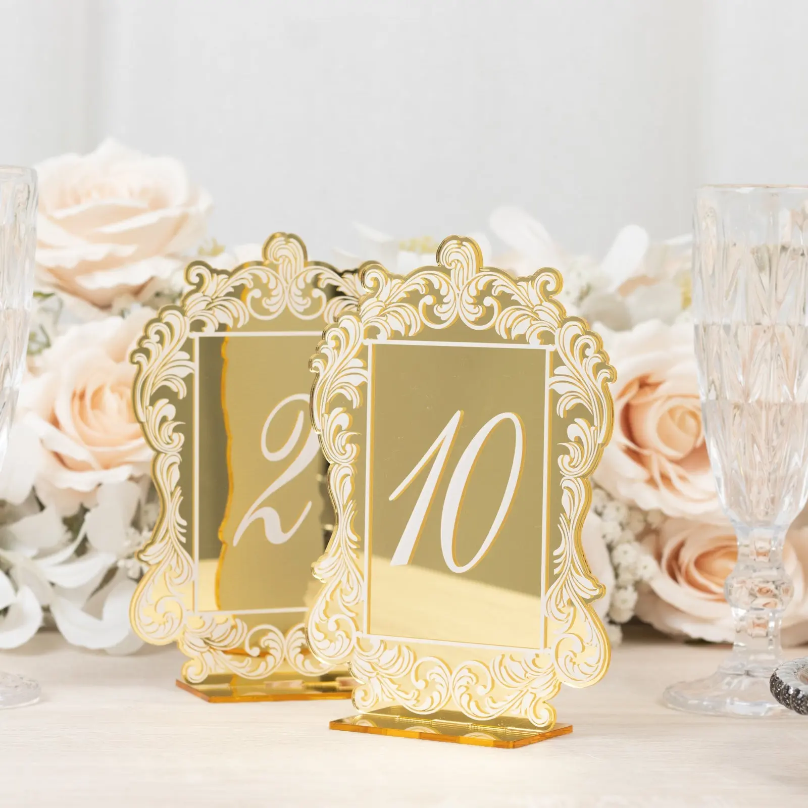 Gold Mirror Arch Acrylic Table Numbers (1-10) - 5"x7" Wedding Decor Signs with Baroque Lace Border, White Print, Stands, Gold Accent Desktop Decoration Signs for Weddings, Room Decor