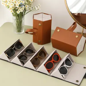 Women's Foldable Sunglasses Case PU Material Multi-Compartment Design, Stylish Eyewear Storage Solution for Women & Girls, Portable Sunglasses Organizer, Glasses Holder