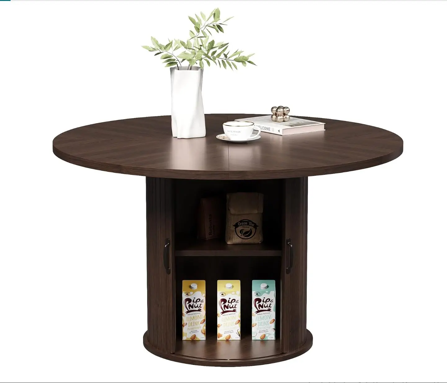 47" Black Round Modern Fluted Farmhouse Dining Table for 4, 2-Tier Storage with Sliding Door, Compact Space Saving Furniture for Dining Room & Small Spaces,dorm essentials,home decor