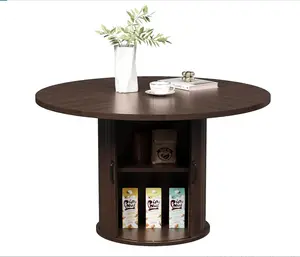 47" Black Round Dining Table for 4, Modern Fluted Kitchen Table with 2-Tier Storage & Sliding Door, Farmhouse Style for Dining Room & Small Space