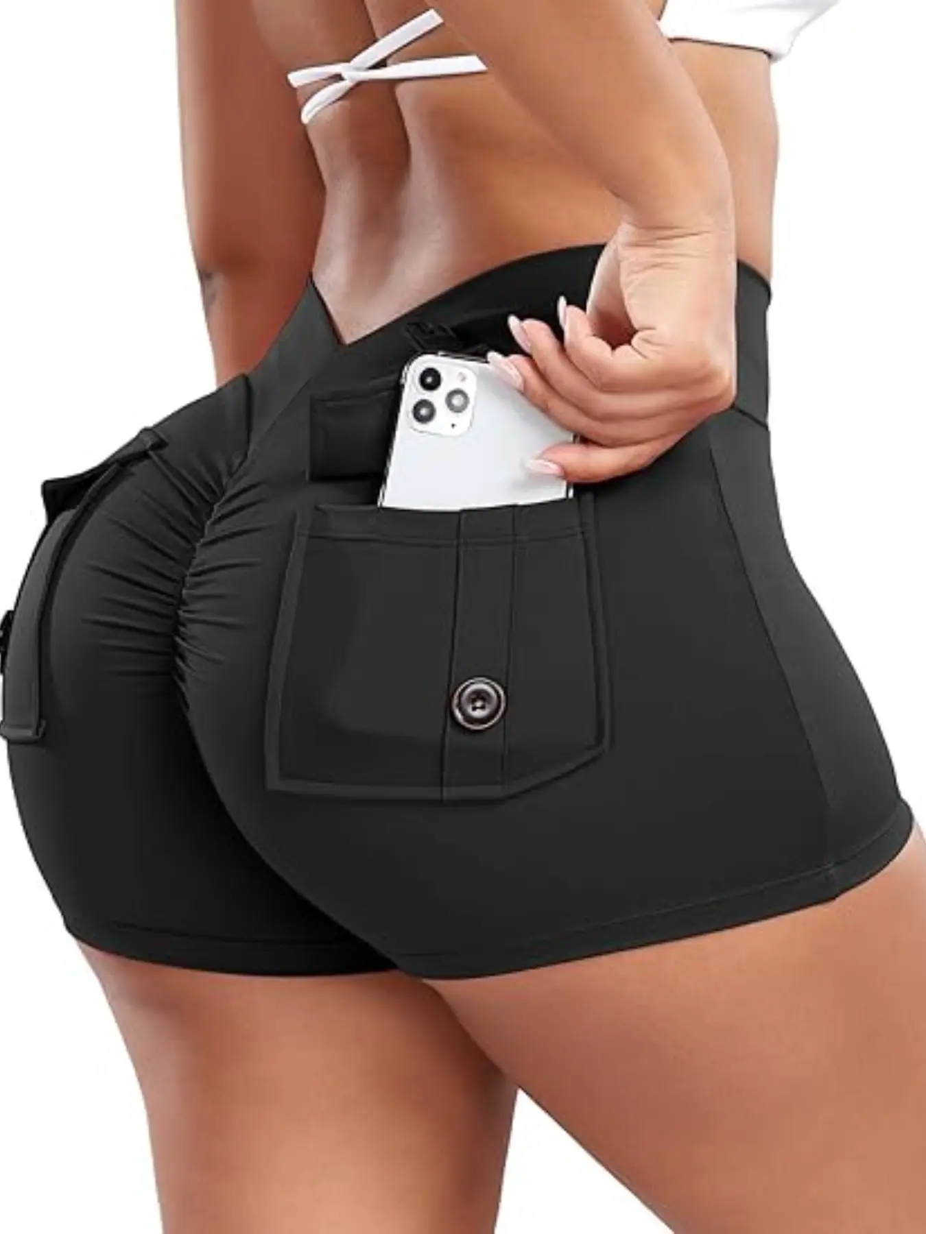 Women High-Waist Yoga Shorts, Fitness Workout Shorts, Workout Pouch Pocket Design, Breathable Elastic Sporty Style, Ideal for Running, Cycling, Gym, Daily Wear, Scrunch Workout Shorts, Side Pocket Shorts, High Stretch Shorts