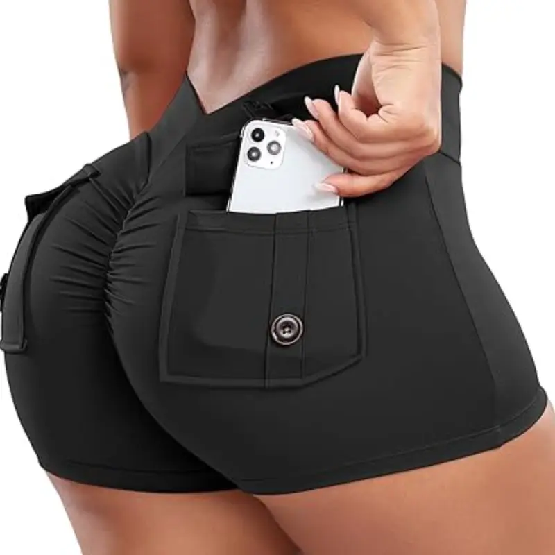 Women High-Waist Yoga Shorts with Pockets, Fitness Workout Shorts, Workout Pouch Pocket Design, Breathable Elastic Sporty Style, Ideal for Running, Cycling, Gym, Daily Wear, Scrunch Workout Shorts, Side Pocket Shorts, High Stretch Shorts
