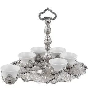 Turkish Luxury 7 Piece Coffee Cup Set With Handle | Ottoman Style Engraved 150-K-11 Silver