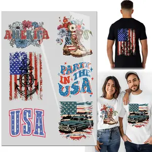 6PCS American Flag Elements Iron On Transfer T-Shirt Stickers Iron Heat Transfer Red White and Blue Fourth of July Patriotic Transfer Direct to Film Transfer DTF Transfers