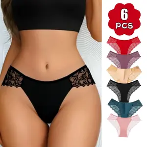 6/12 PCS Seamless thong bikini Breathable Cotton Bikini Ice Silk Low Waist Underwear for women Everyday Lingerie Elegance Pieces Suit Style Elegant Thongs Period  underwear Womenswear Chic Cute ladies' intimates  Lace Panties Set Contrast Fabric Feminine
