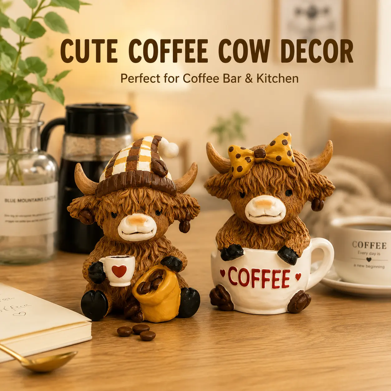 New Coffee-Tone Highland Cow Resin Sculpture - Compact Desktop Figurine, Animal Collectibles, Table Desk Ornament, Cow Theme Decor, Coffee Tone Warms Up Your Workspace, Ideal Gift for Enthusiasts, Resin Sculptures