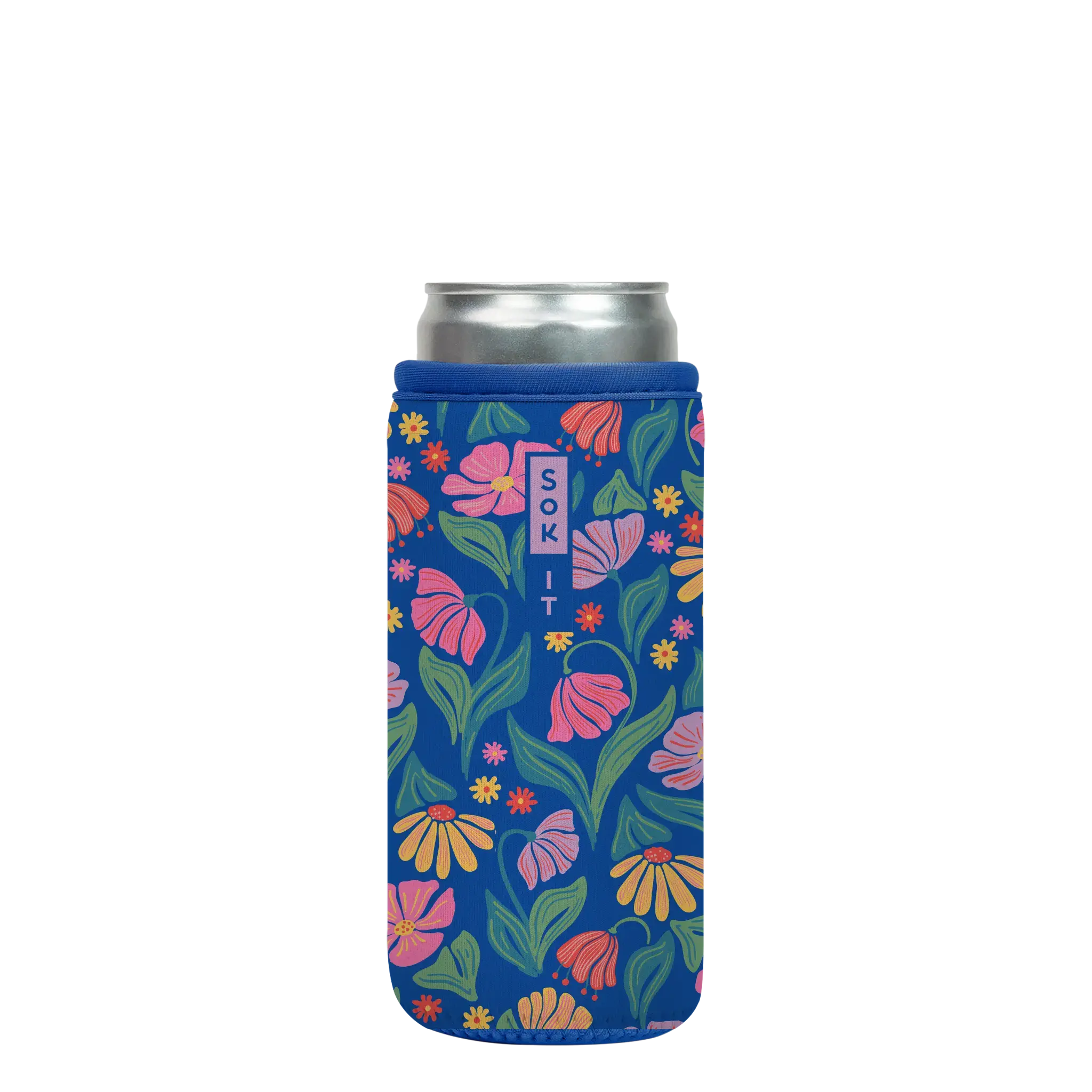 Sok-It CanSok Reusable Cold Can Sleeve, Blue/Pink, Fairy Flora, 12oz Slim Can