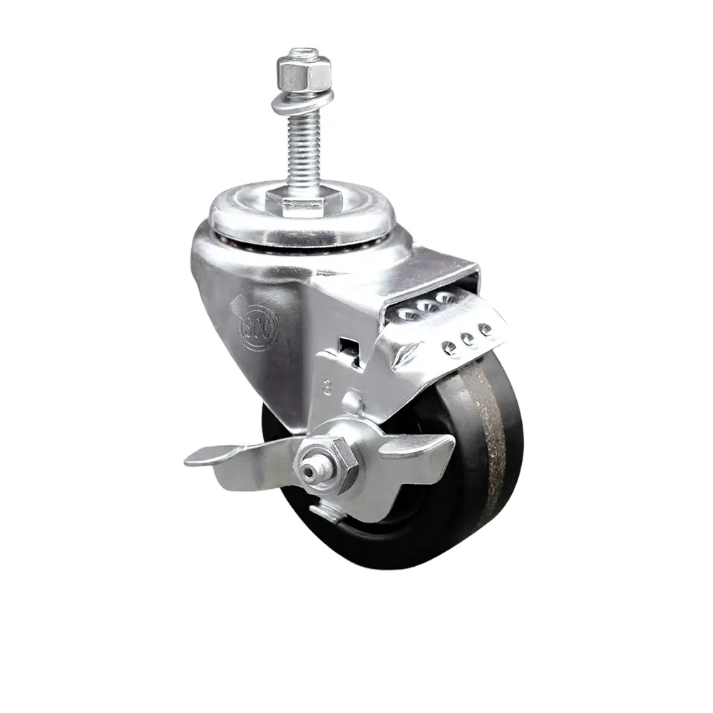 Service Caster SCC-TS20S314-PHR-TLB-381615 Heavy Duty Threaded Metal Castors, Furniture Moving Wheel, 3x1.25 in. Black Floor Safe Swivel Caster, 0.38 in Diameter Threaded Stem, Roller Ball Bearing, Top Locking Brake