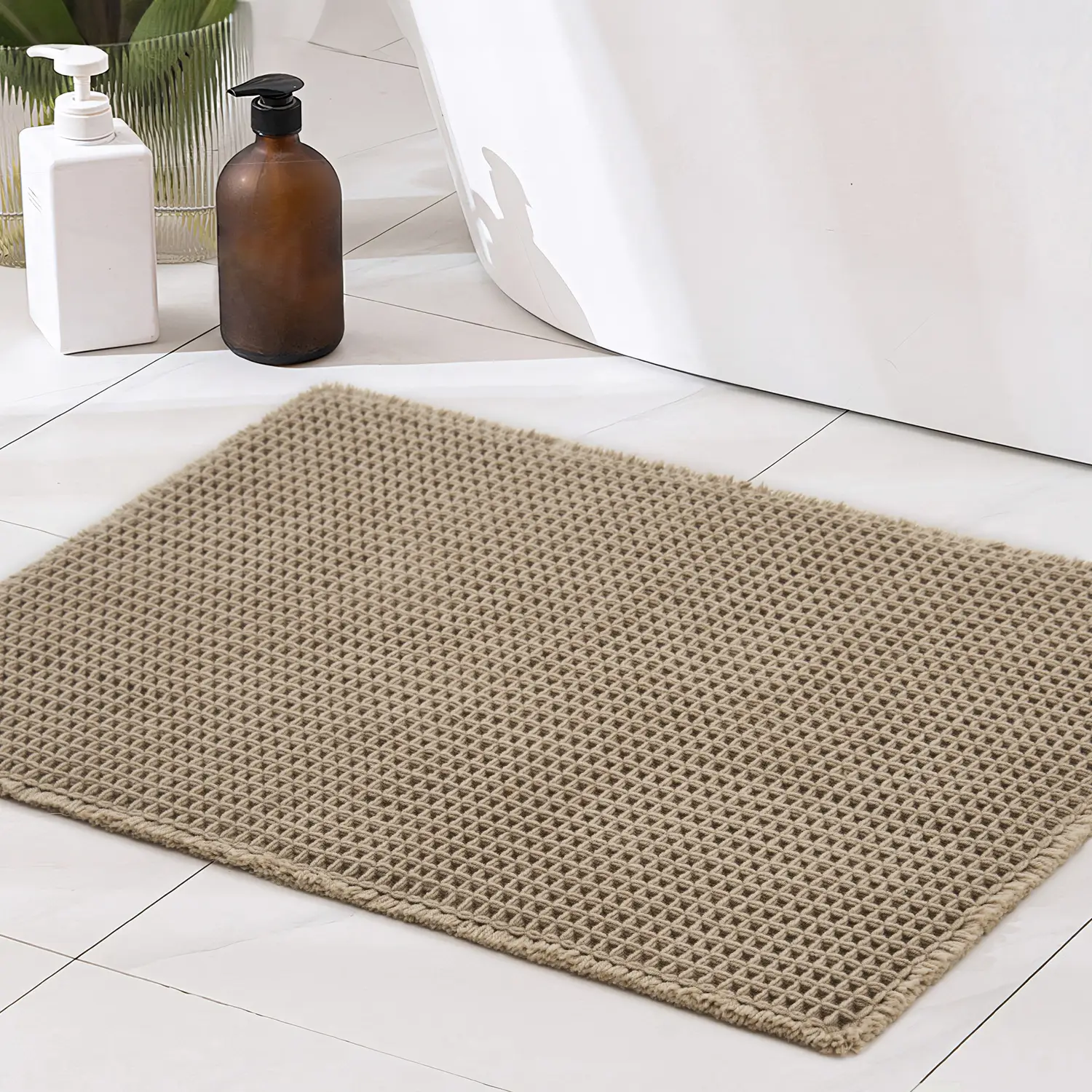MontVoo Brown Waffle Bath Mat, Ultra Soft & Non-Skid Plaid Design, Absorbent Kitchen Hallway Runner with Tassels, Machine Washable Knitted Rug for Bat