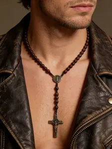 1pc Handmade Wooden Wood Beads Catholic Rosary Crucifix Cross Pendant Necklace Bethlehem Theme Christian Prayer Holy Jerusalem Holyland Y Necklace for Women Men, Unisex Design Religious Jewelry Gift