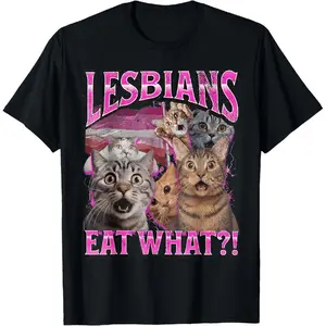 🐱[100% Cotton][Graphic Tee]Funny Cat Lesbian Pride T-Shirt, "Lesbians Eat What?"Pun Graphic Tee, LGBTQ Pride Shirt for Women, Cute Cat Lover Tee, Rainbow Pride Outfit, Trendy Casual Summer Top, Gift for LGBTQ Friends, Viral TikTok Graphic Shirt