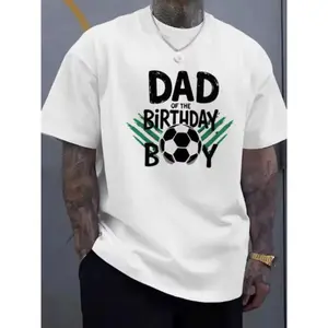 180gMen's Father's Day Football Print T-Shirt, 100% Polyester, Soft Striped Collar, Casual Round Neck, Loose Fit, Summer Wear