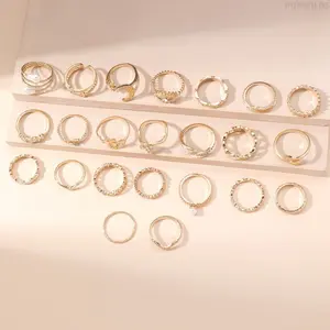 Women's 23-Piece Gold Costume Jewelry Set - Gold Rings for Women, Stackable Joint, Cross & Leaf, Moon, Geometric Motifs, Dainty Chain Bracelets, Daily Wear Vintage Gifts for Outfit Matching