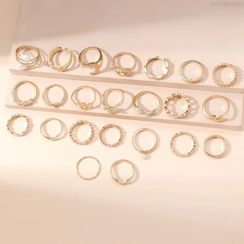 23-Piece Vintage Jewelry Set for Women, Gold-Tone Stackable Knuckle Rings & Dainty Bracelets with Cross & Leaf, Moon Charms for Everyday Wear, Gold Rings, Mix & Match Gold