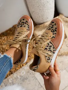 Women's Casual Shoes, Sexy Leopard Print Lace-Up Round Toe Comfortable Single Shoe, Suitable for All Seasons, PU Leather, Rubber Sole