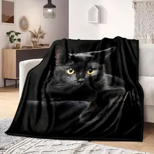 Soft Funny Throw Blanket Cute Black Cat Print Flannel Blanket,Warm Nap For Couch Sofa Office Bed Camping Travelling,Multi-purpose Holiday Gift Blankets