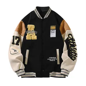 Baseball Jacket Men’s Retro Streetwear | Embroidered Athletic Patches & Colorblocking | Vintage Ufo Design