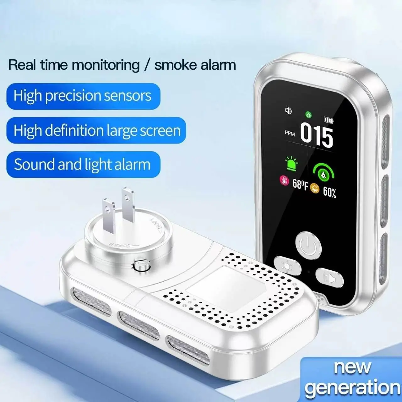VIGILEYE 6-in-1 Smart Home Guardian Plug-in Air & Temp Monitor - ABS Security Detector with Natural Gas, Temp, Humidity Sensors, 2.01" Color Screen, Real-Time Alerts, AC Supply, 8-hour Backup Battery, Plug-and-Play for Apartments, Dorm Rooms, Kitchens