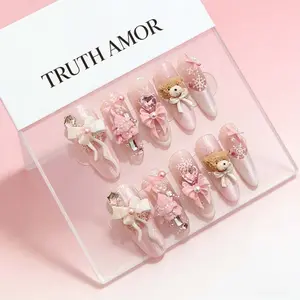 10 Pieces｜TRUTH AMOR "Sweet Girl Bear" 3D Strawberry Cat Eye Bow Handmade Press-On Nails｜Cute Style·Brightening & Age-Reducing·Daily Commute×Date Look×Girly Outfit Essential